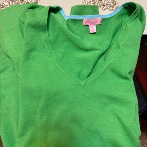 Lilly Pulitzer Bright Green V-Neck Sweater tipped blue sleeves and band